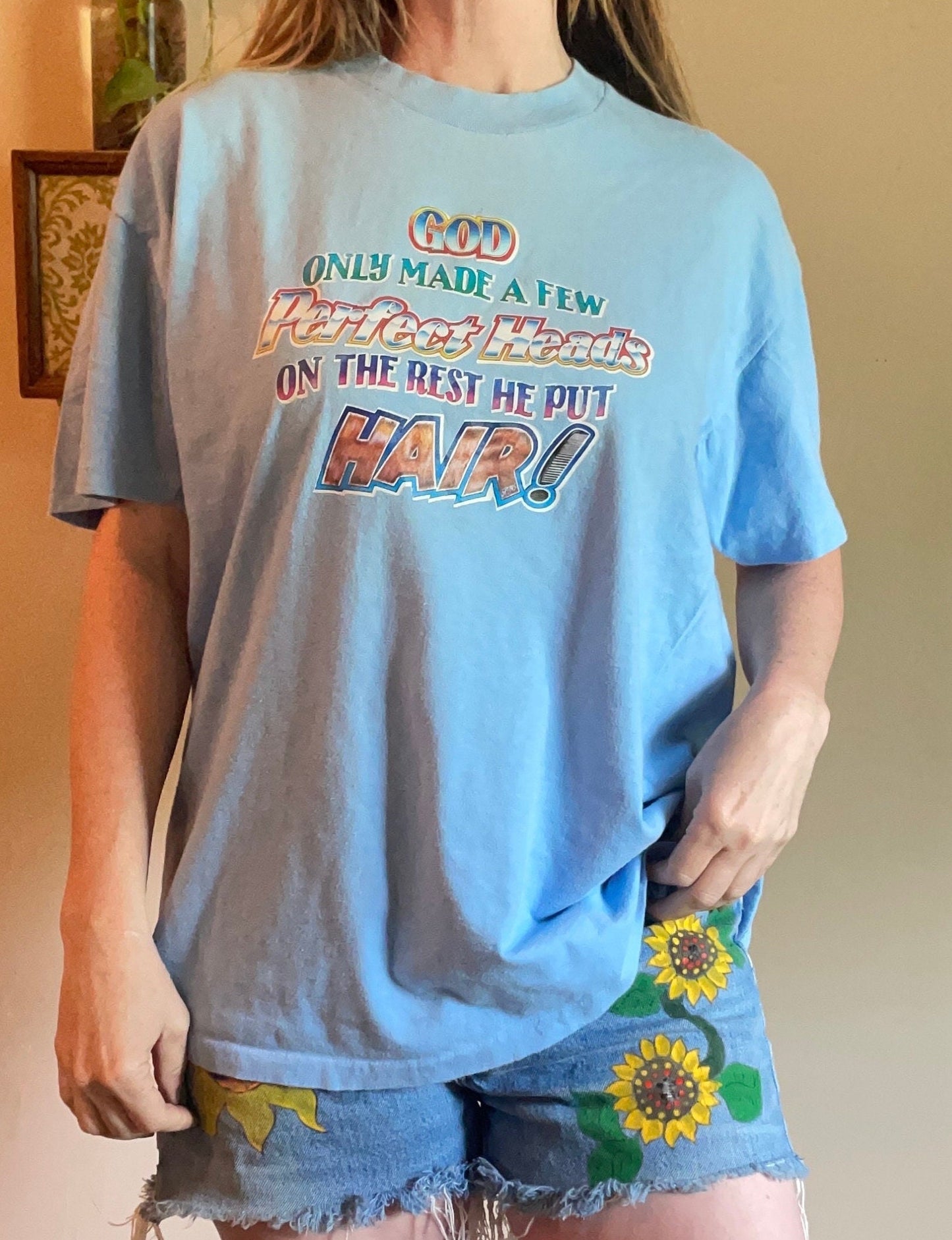 vtg 70s BALD GUYS SHIRT // vintage "god made a few perfect heads, on the rest he put hair!" funny bald guy shirt 80s graphic tee iron on