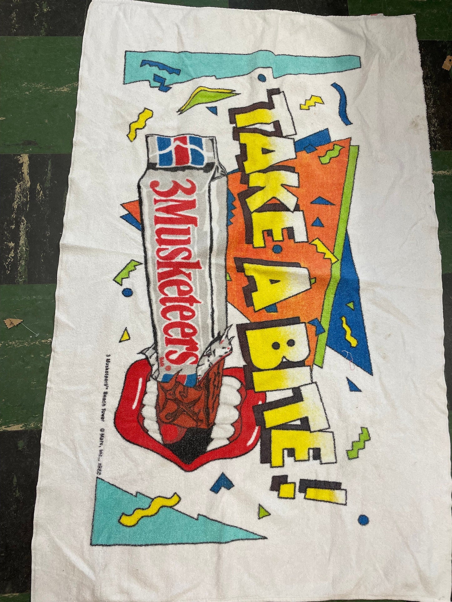 vtg 90s THREE MUSKETEERS Towel // vinntage pop art wild retro beach towel unique snack tee promo candy lips mouth print chocolate wall art