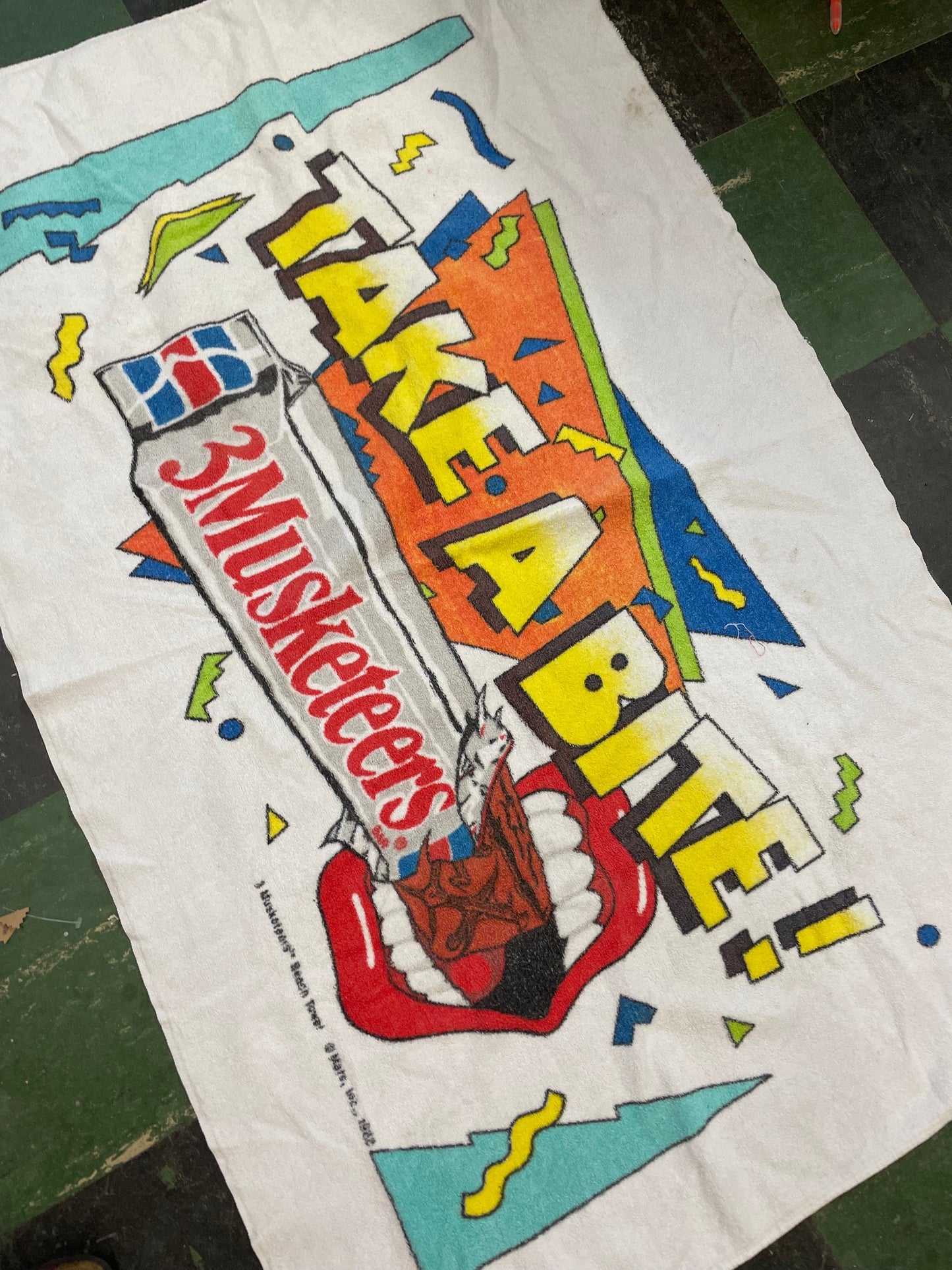 vtg 90s THREE MUSKETEERS Towel // vinntage pop art wild retro beach towel unique snack tee promo candy lips mouth print chocolate wall art