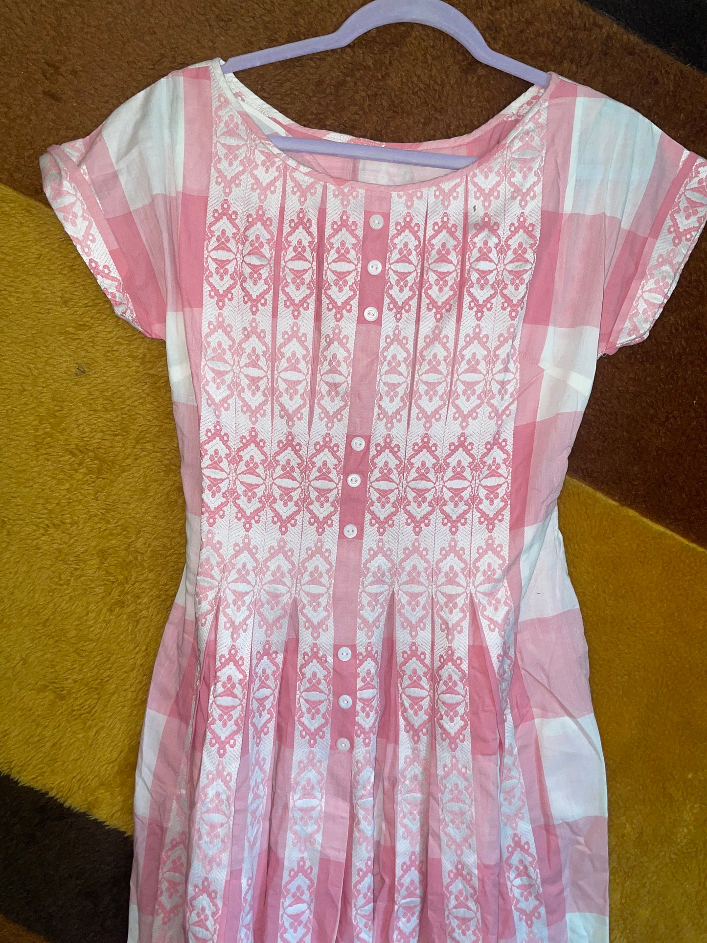 vtg 40s PASTEL PINK PLAID Dress // vintage boat neck fit n flare day dress embroidered preppy side zip cute sweet ombre june cleaver tv mom
