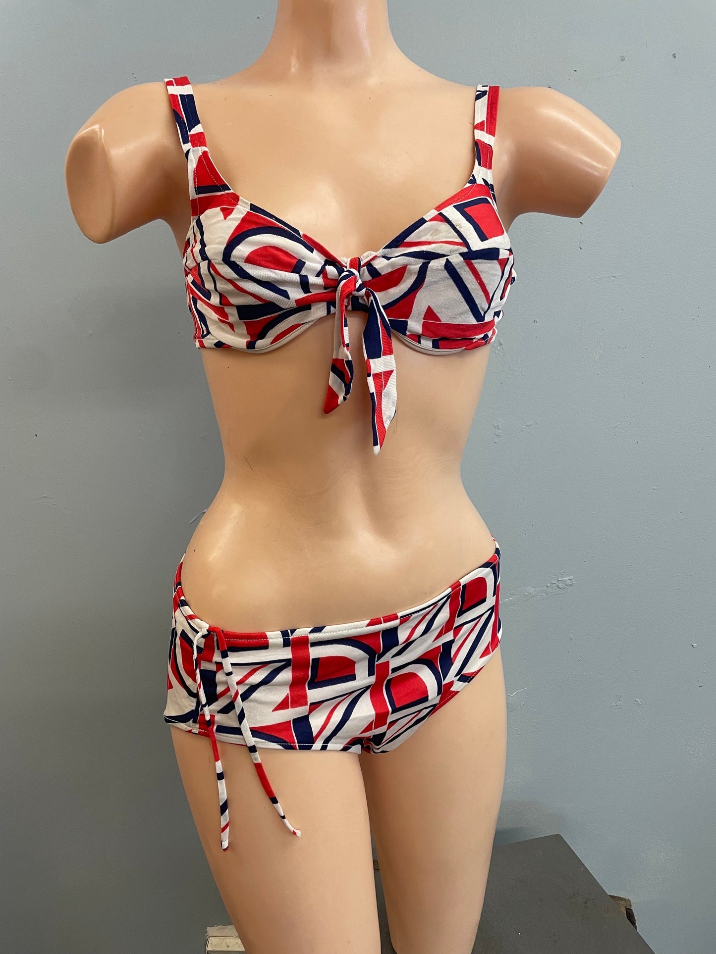 vtg 1960s abstract pop art bikini red white & blue nautical swimsuit hip hugger retro push up mod british classic cut bathing suit skimpy