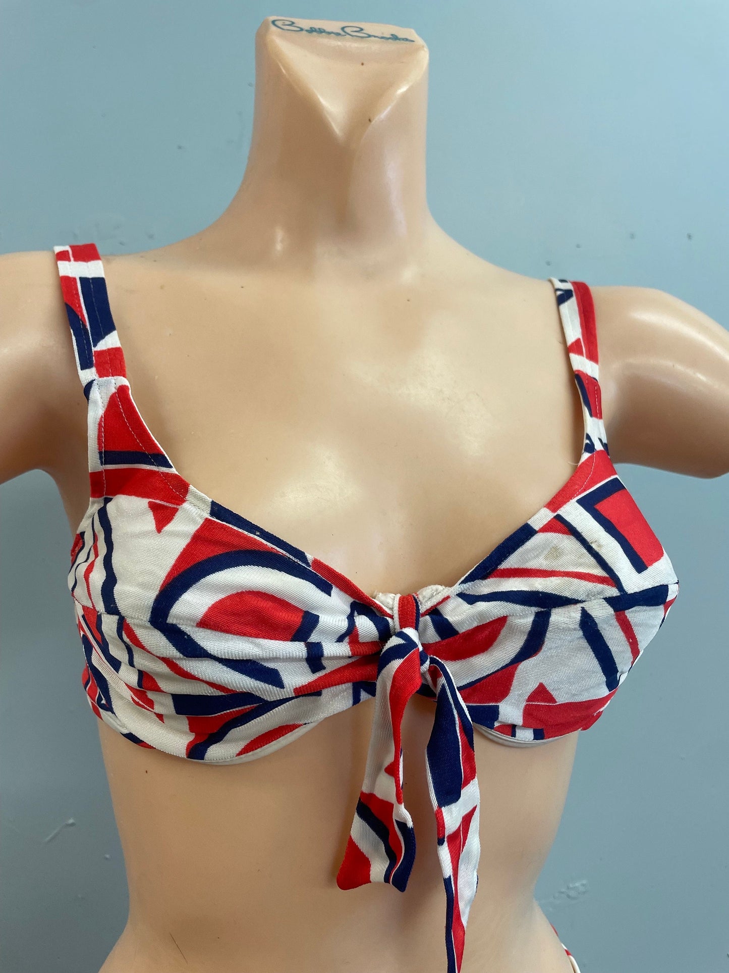 vtg 1960s abstract pop art bikini red white & blue nautical swimsuit hip hugger retro push up mod british classic cut bathing suit skimpy