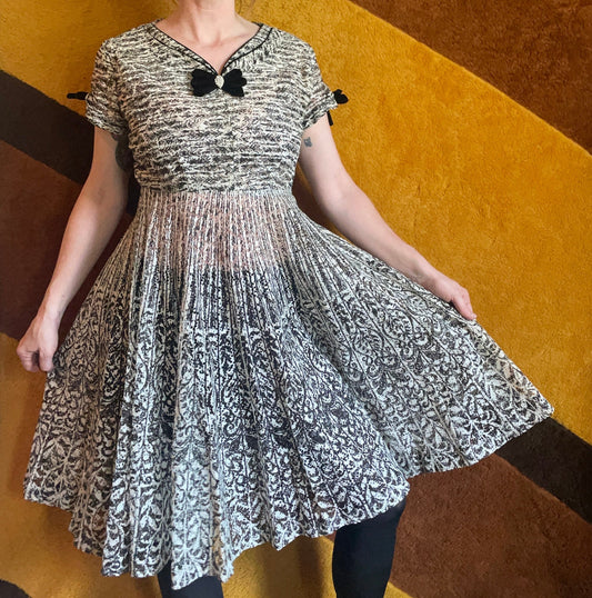 vtg late 40s BLACK & WHITE EYELET Dress // vintage lace net dress velvet trim bow tie fit n flare rockabilly day dress pleasantville party