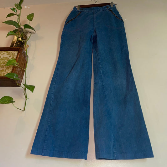 vtg 70s DOUBLE ZIPPER JEANS // 25/26 flare leg medium wash bell bottom jeans indigo denim wide leg high waisted jeans retro side zip jeans