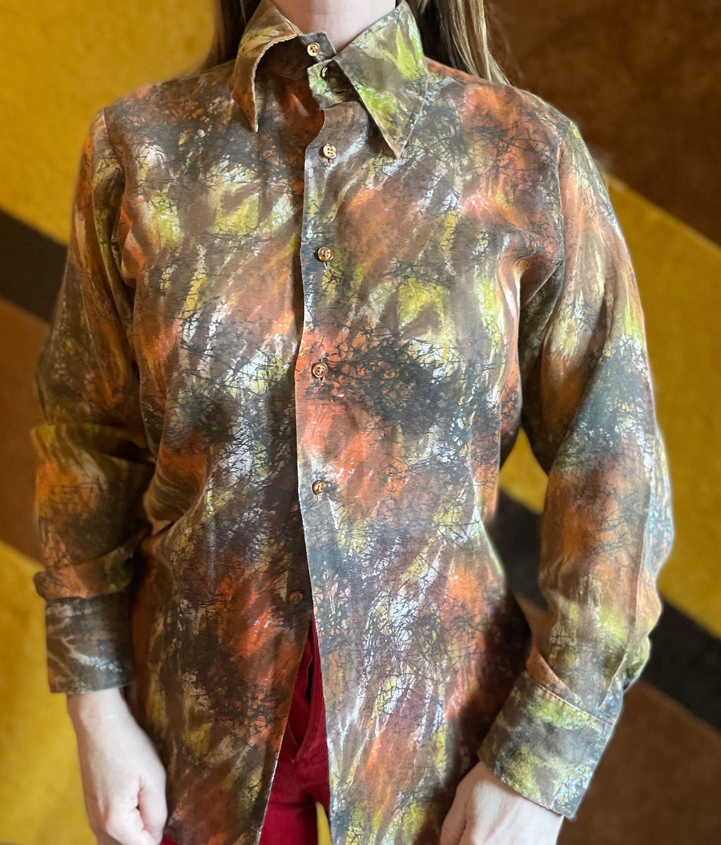 vtg 70s PSYCHEDELIC BUTTON UP // vintage halloween vibes lightweight semi sheer top pointy collar retro abstract print disco hippie blouse