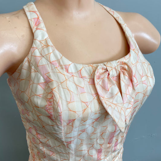 Vtg 1940s Playsuit Tiki of Beverly Hills abstract print criss cross swimsuit bathing suit beach romper pink & pearl iridescent pin up monroe