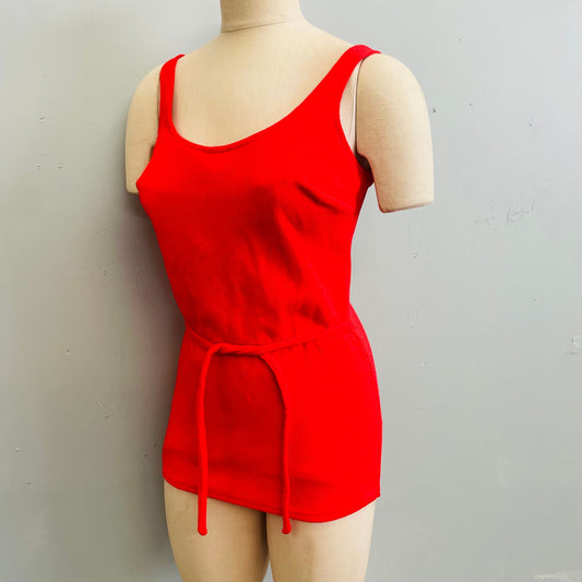 vtg 60s LIPSTICK RED SWIMSUIT // vintage sexy tight belted playsuit pin up marilyn monroe hot nylon bombshell pool party low cut back romper