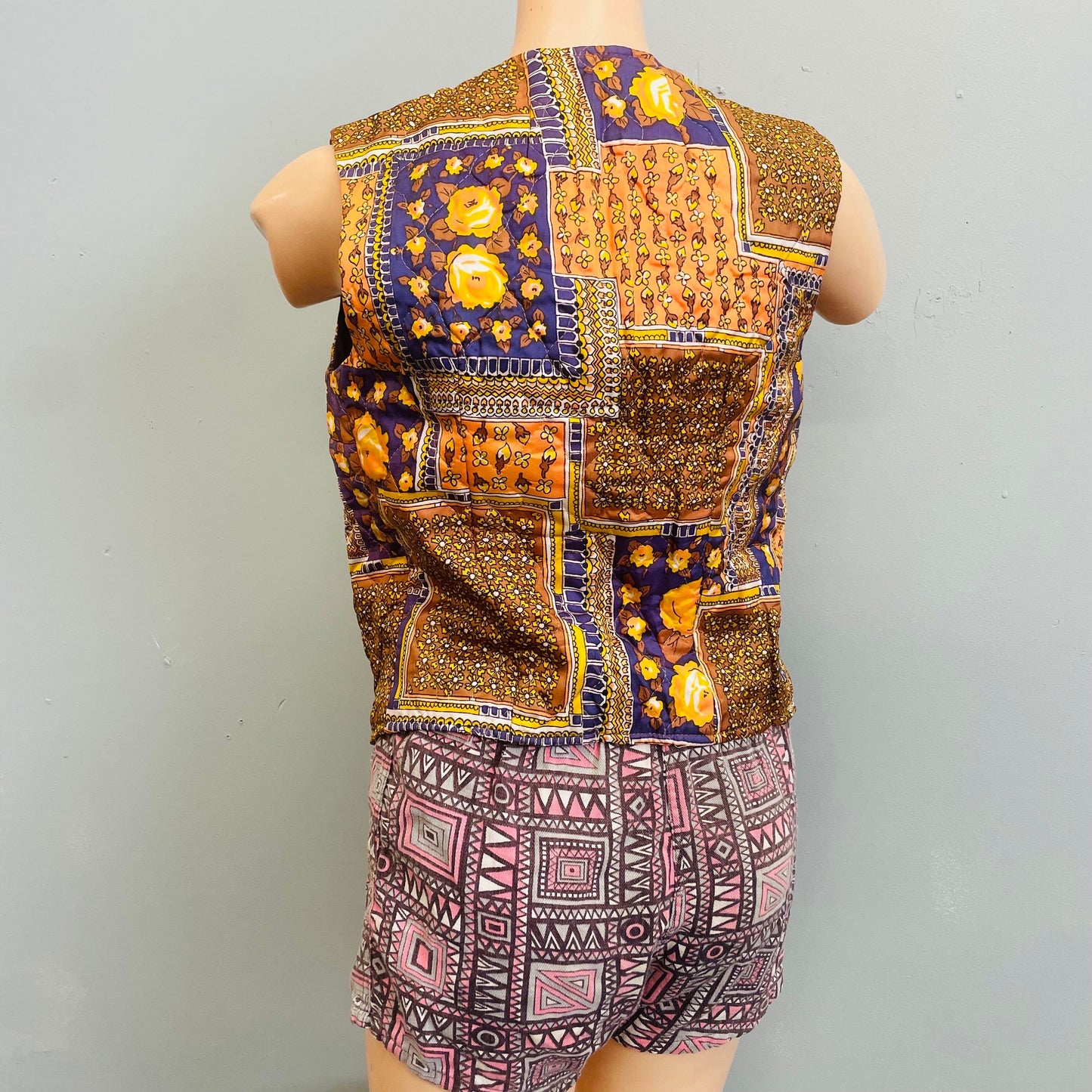 vtg 70s psychedelic lightly quilted vest gold purple retro beach cover up hippie rocker bohemian style