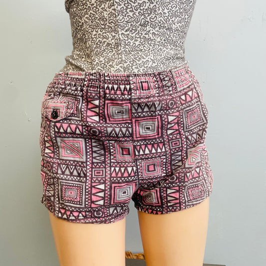 vtg 50s 60s swim trunks abstract mcm print short shorts psychedelic retro hot pants swim bottoms art deco rare rayon bathing suit