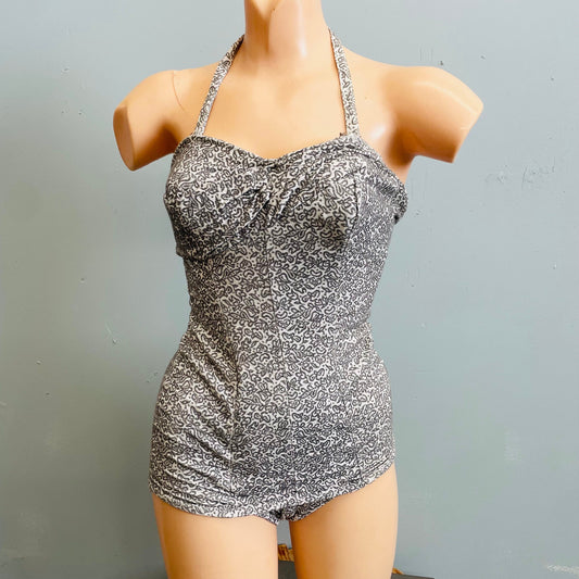vtg 50s art deco knit nylon swimsuit 40s playsuit pin up bombshell sweetheart sheath bathing suit silver gray convertible halter one piece