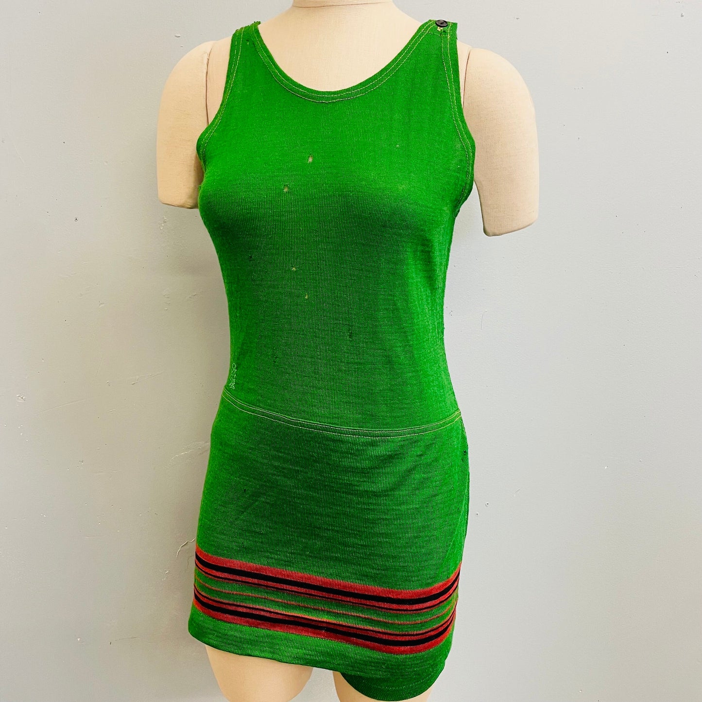 vtg 1920s green & pink sheath wool bathing suit antique tank swim trunks 1920s flapper swimsuit striped playsuit wool shorts mens trunks