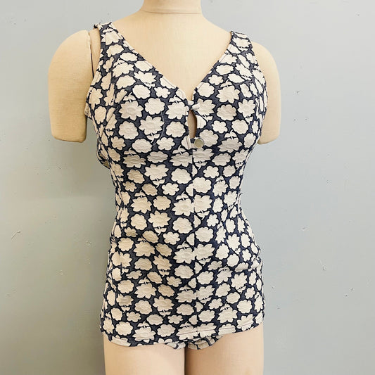 vtg 50s mod floral knit sheath one piece swimsuit blue white flowers pin up style bathing suit mcm retro bullet bra boy shorts playsuit