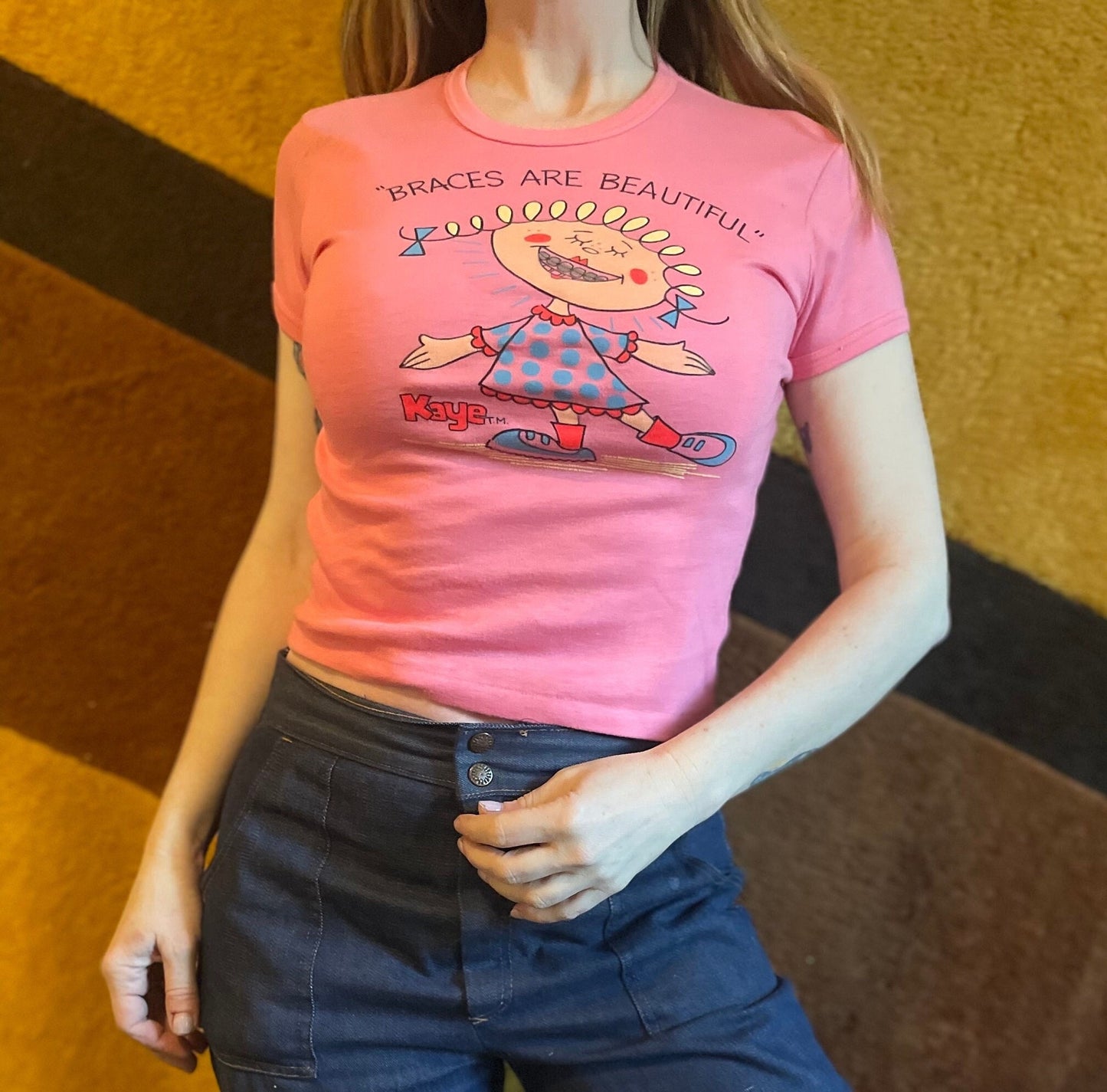 vtg 90s BRACES are BEAUTIFUL TShirt // girls are great pink crop top youth large baby tee  femme t shirt funny graphic tee kids teeth Y2K te
