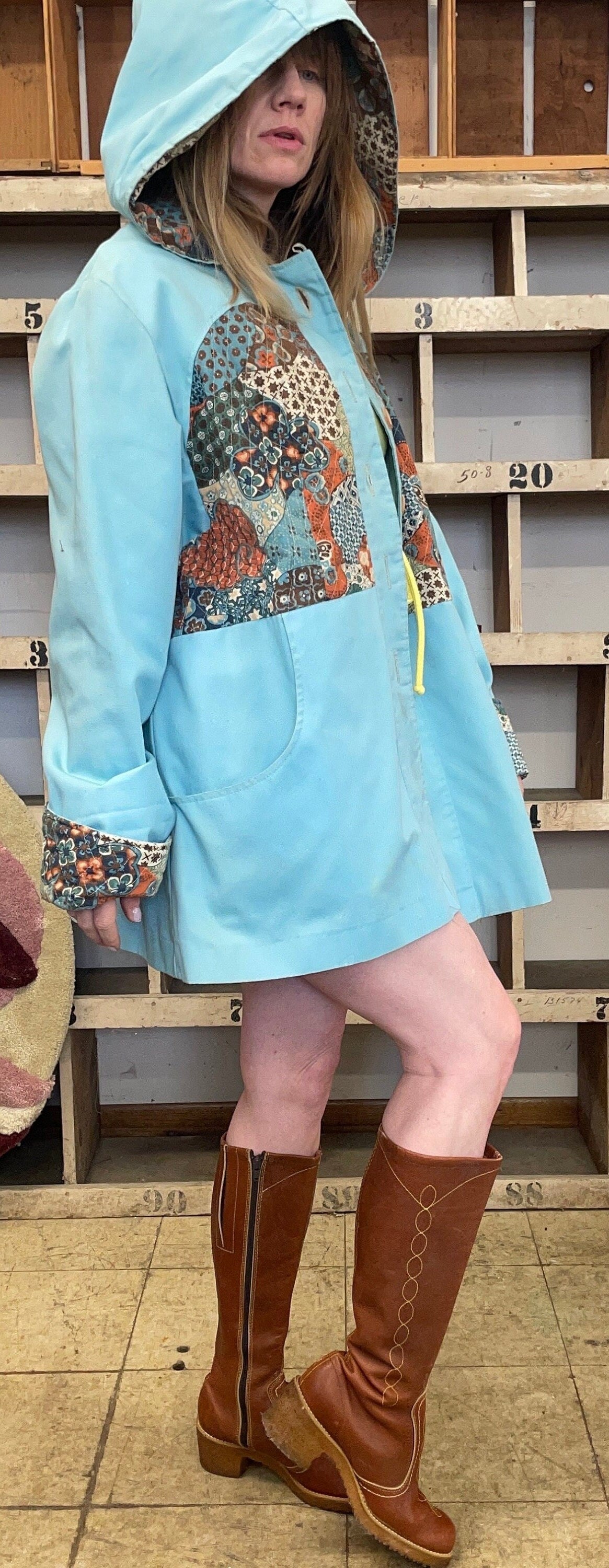 vtg 70s HOODED PATCHWORK JACKET // vintage pastel blue hippie boho autumn style lightweight coat parka womens large hoodie kitschy jacket