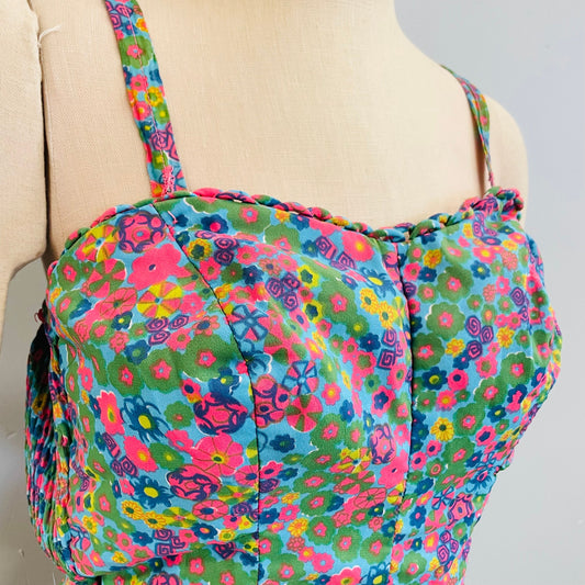 vtg 60s flower power mod retro playsuit one piece tank swimsuit bright neon psychedelic romper boy shorts tankini cute beach fit summer twee