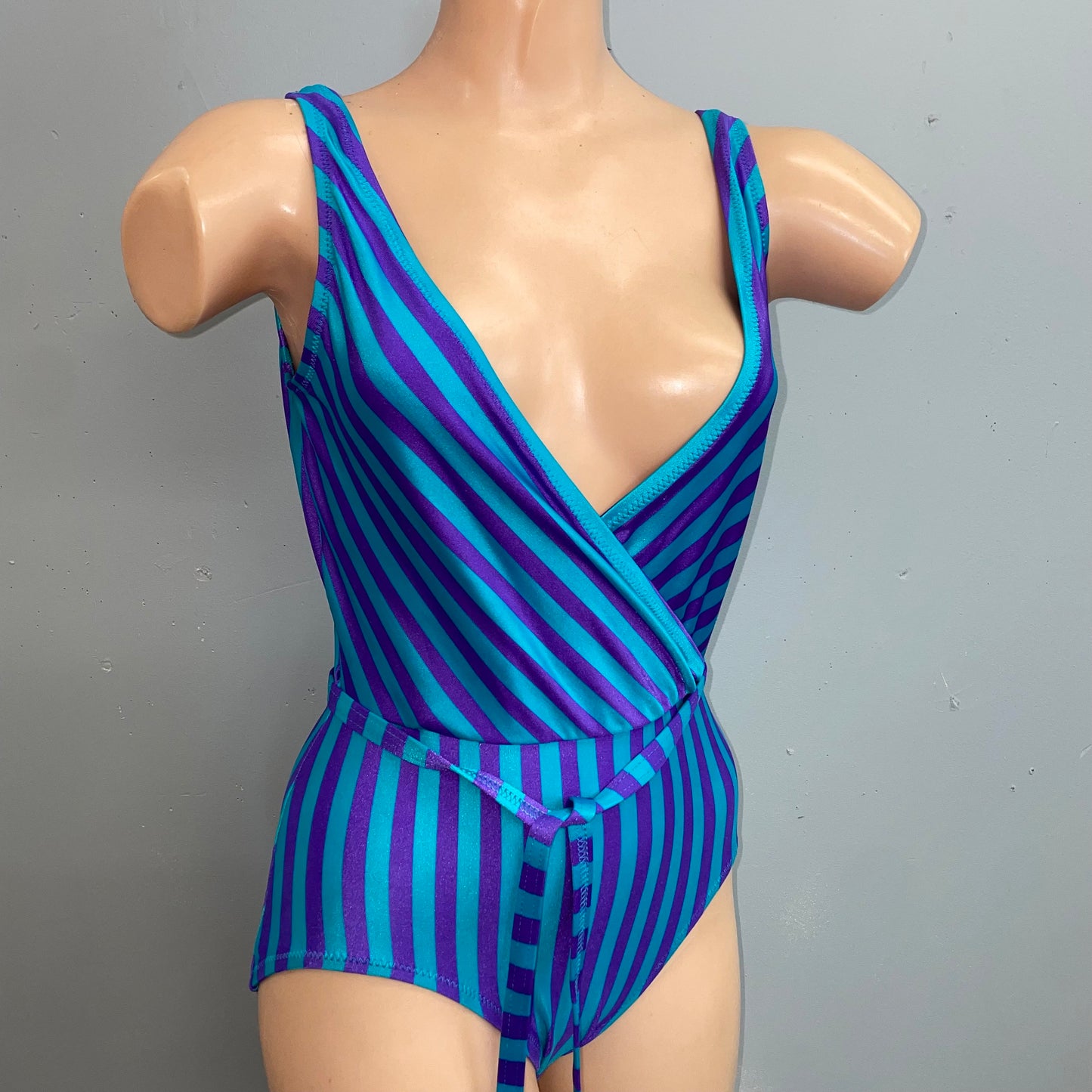 vtg 1970s 80s shiny striped deep v swimsuit low cut blue & purple belted tank bathing suit leotard unitard bodysuit playsuit retro glam