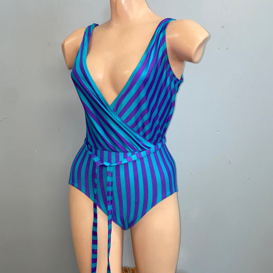 vtg 1970s 80s shiny striped deep v swimsuit low cut blue & purple belted tank bathing suit leotard unitard bodysuit playsuit retro glam