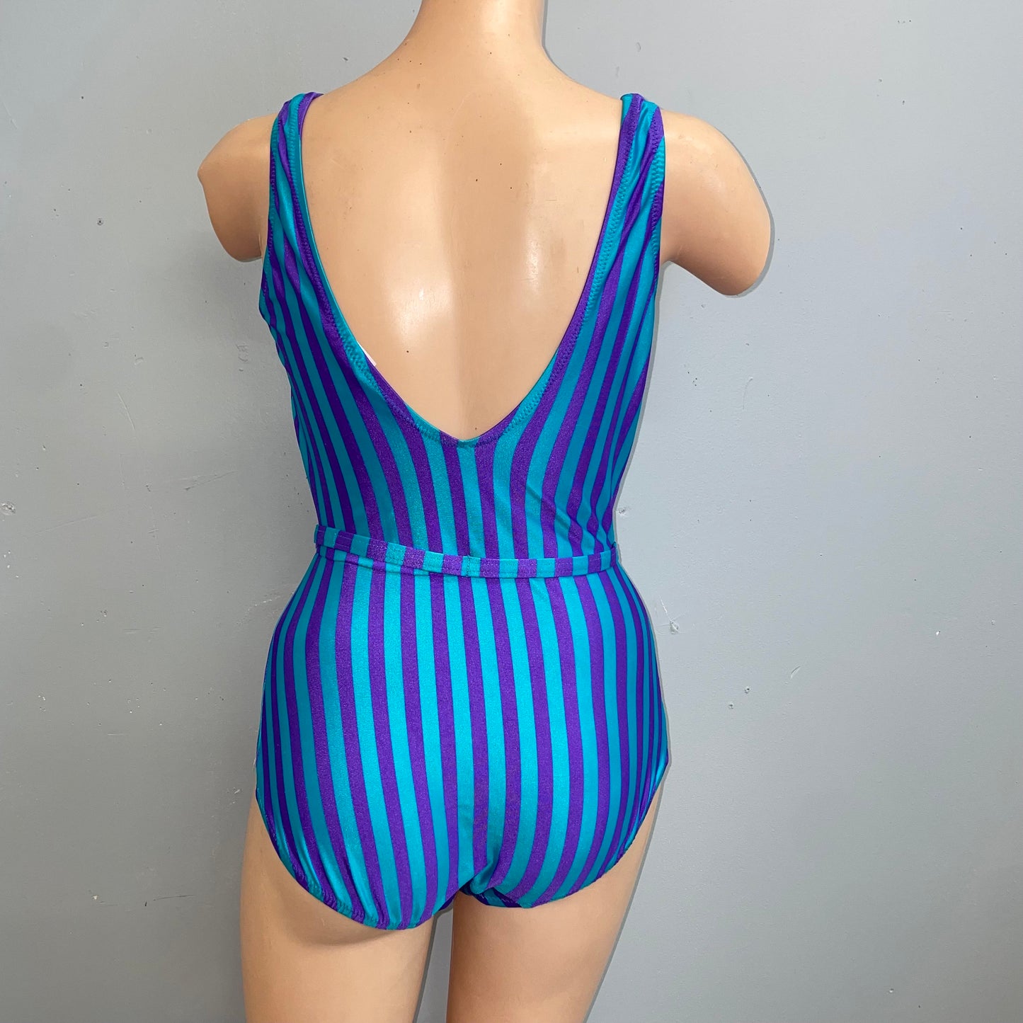 vtg 1970s 80s shiny striped deep v swimsuit low cut blue & purple belted tank bathing suit leotard unitard bodysuit playsuit retro glam