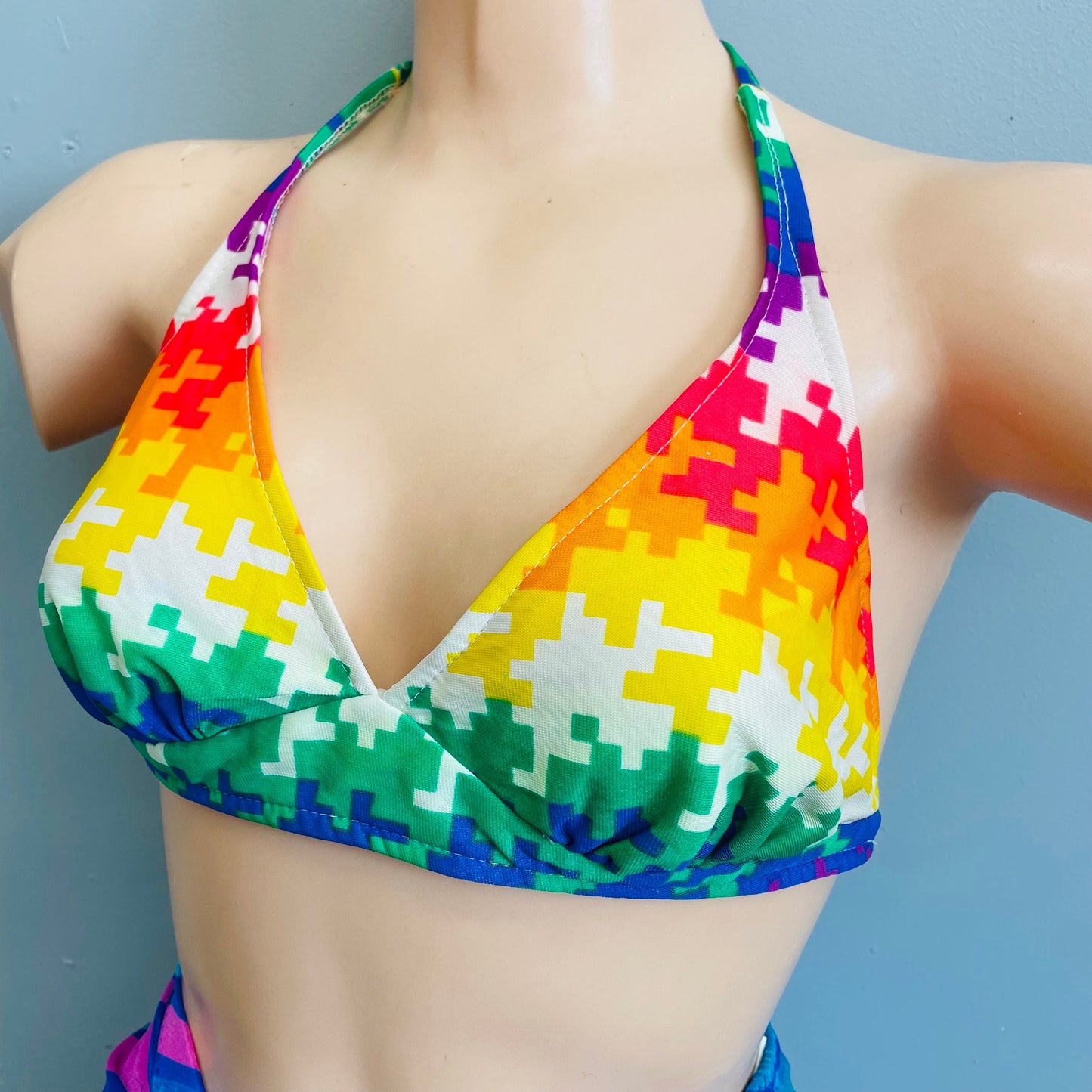 vtg 1970s psychedelic pixelated bikini top bright neon primary colors halter top crop top summer beach party retro geometric print blouse