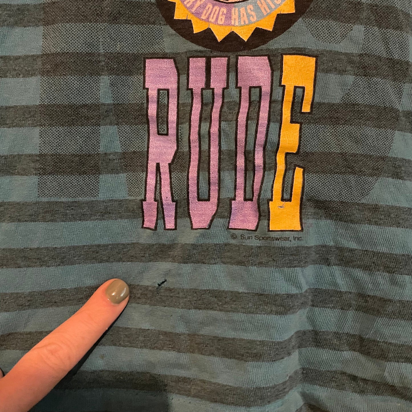vtg 90s TEAM RUDE SHIRT // vintage kids striped teal tshirt distressed funny rude sarcastic crop top baby tee two tone rude dog graphic tee