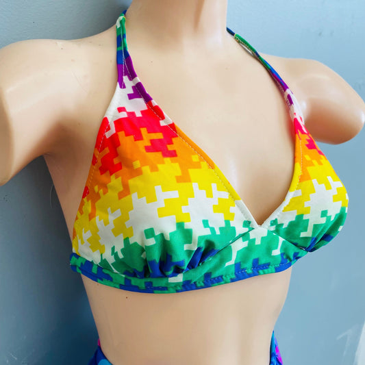 vtg 1970s psychedelic pixelated bikini top bright neon primary colors halter top crop top summer beach party retro geometric print blouse