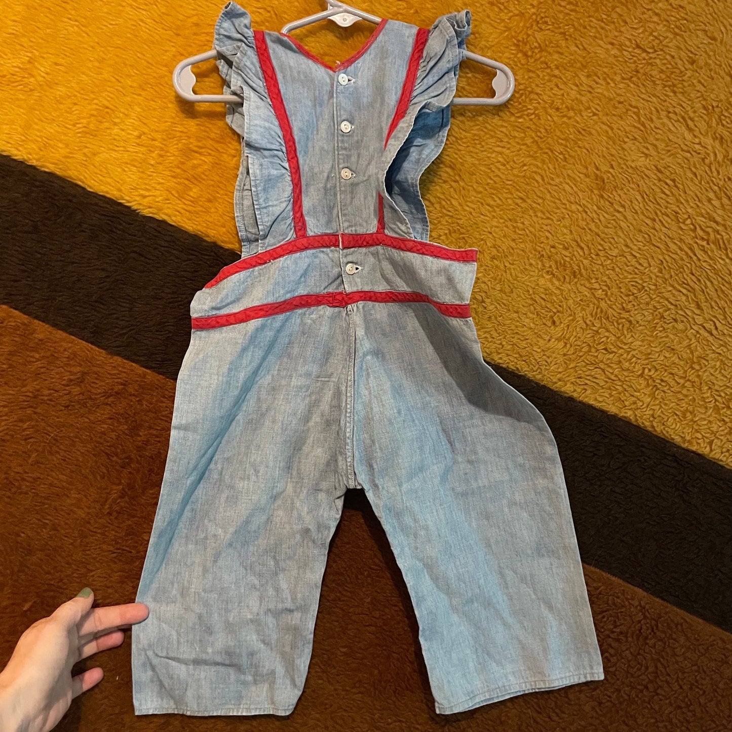 vtg 1940s GIRLS CHAMBRAY OVERALLS // vintage 50s ruffle straps rosie the riveter womens style workwear coveralls blue cotton contrast trim