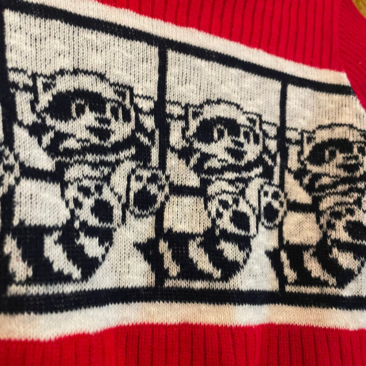 vtg 70s KIDS RACCOON PATTERN Sweatshirt // vintage knit jumper red & black cartoon animal retro collared sweater unisex kids clothes autumn