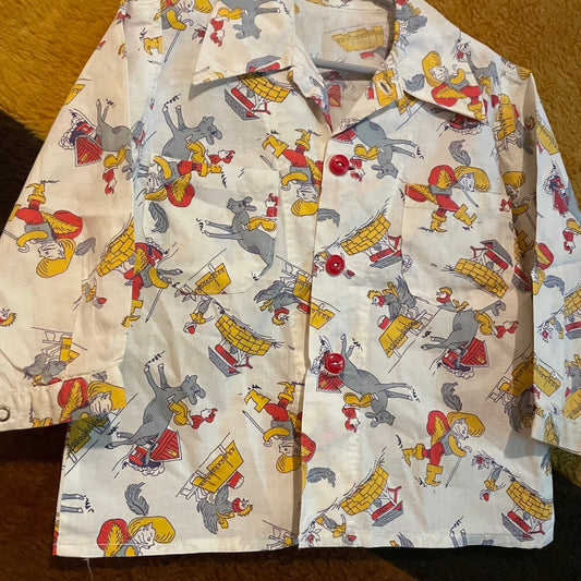 vtg 50s PUSS N BOOTS Top // vintage cotton kids size 10 button down novelty print fairy tale cat shrek all over print pajama top mcm tv show