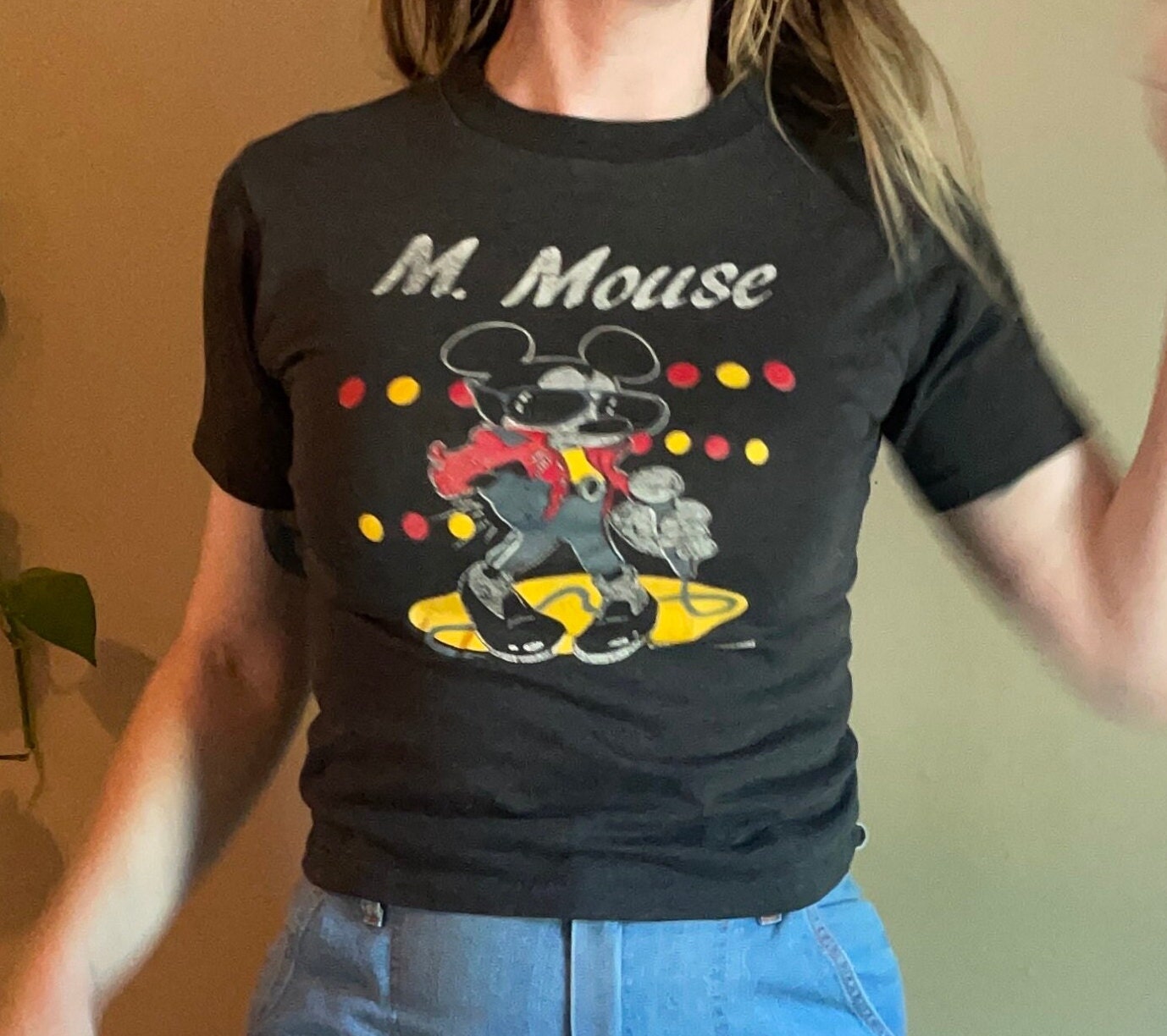 vtg 1980s PAPER THIN MICKEY Mouse // vintage soft faded black crop top youth large michael jackson disney shirt femme rare black baby tee
