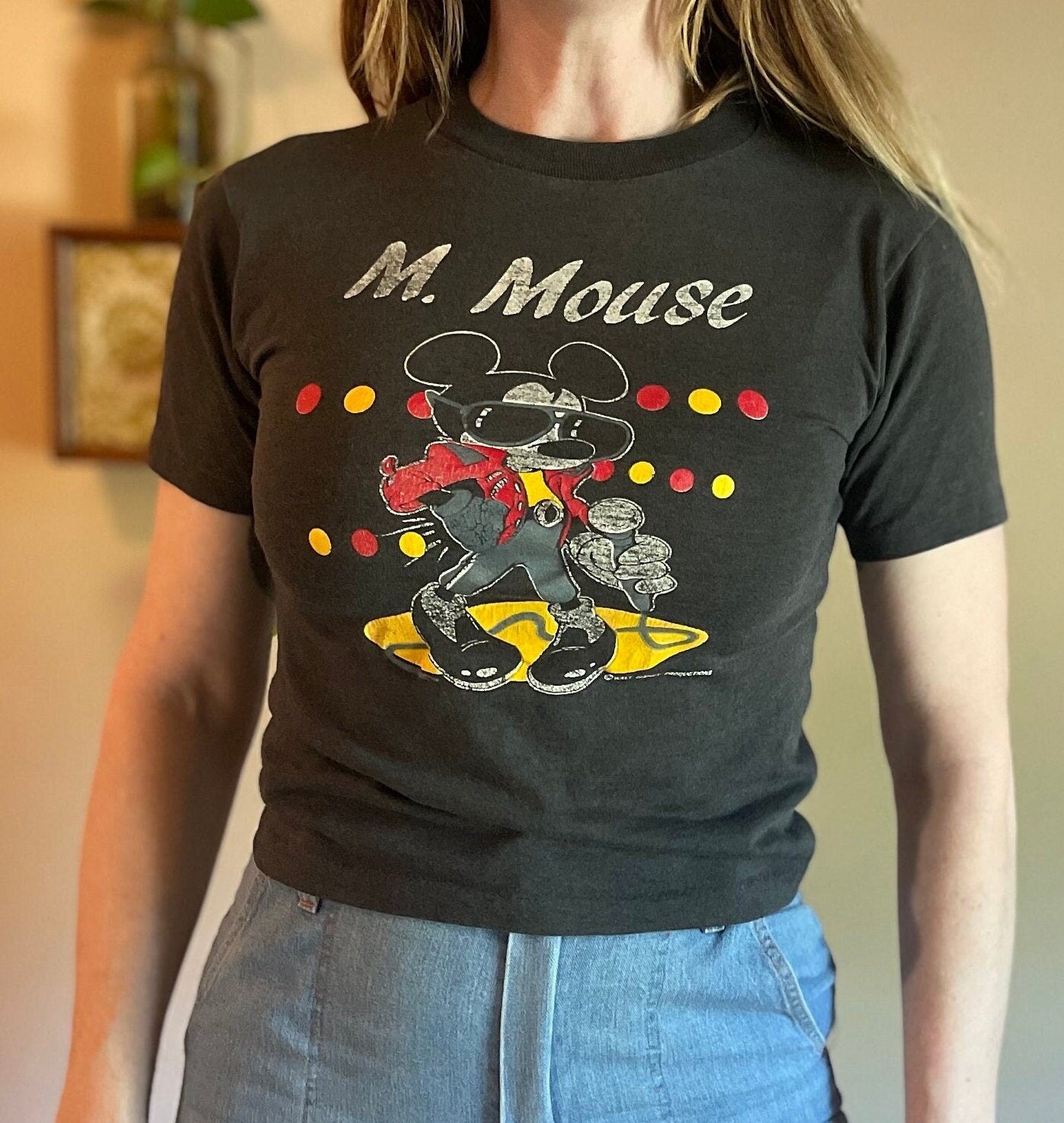 vtg 1980s PAPER THIN MICKEY Mouse // vintage soft faded black crop top youth large michael jackson disney shirt femme rare black baby tee