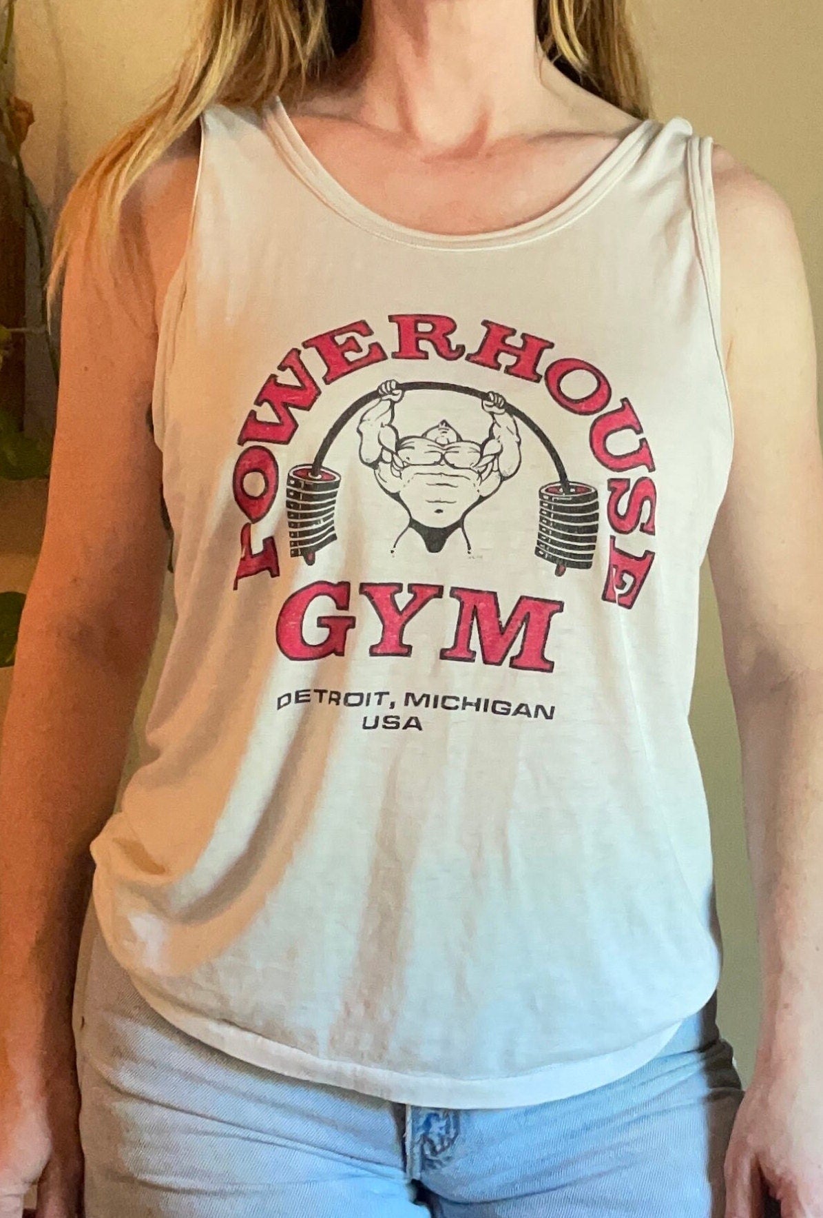 vtg 80s POWERHOUSE FIGHT CLUB Shirt// vintage double sided graphic weight lifter paper thin muscle tee baggy his name was robert paulson