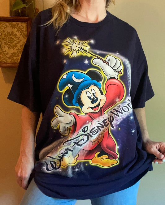 vtg 90s DISNEY FANTASIA WIZARD // vintage  magic kingdom mickey mouse disney world sleeper tee long t shirt dress big face rap tee xl baggy