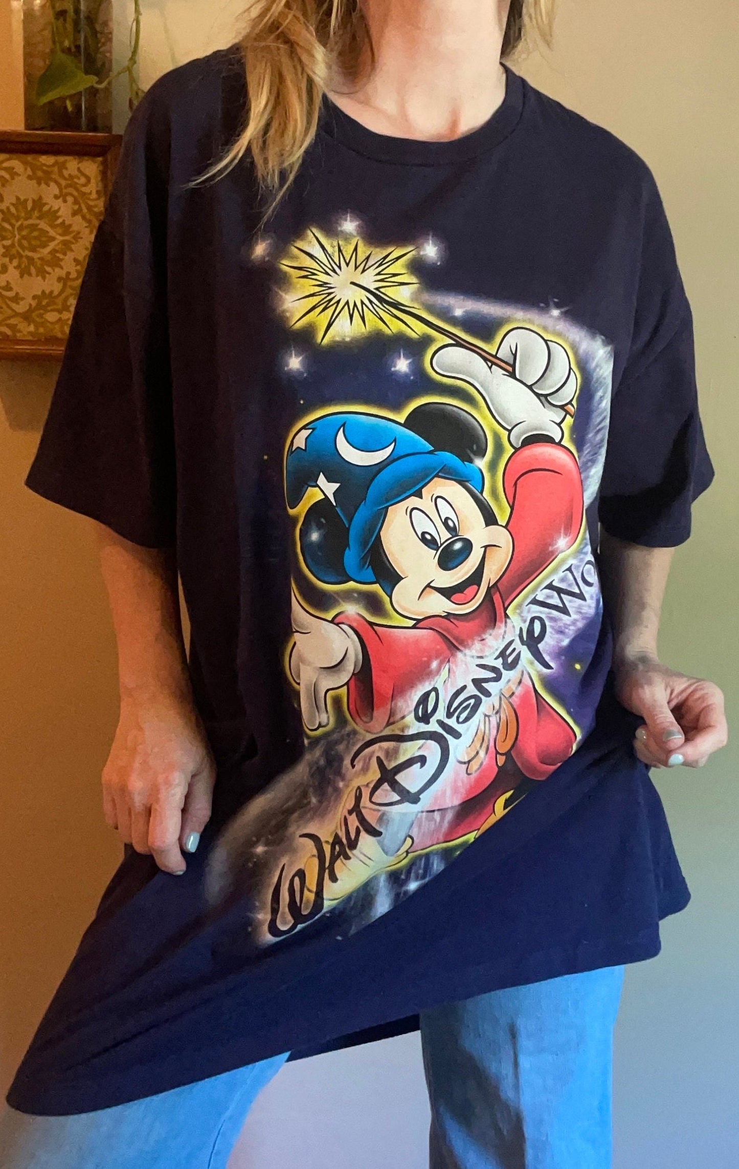 vtg 90s DISNEY FANTASIA WIZARD // vintage  magic kingdom mickey mouse disney world sleeper tee long t shirt dress big face rap tee xl baggy