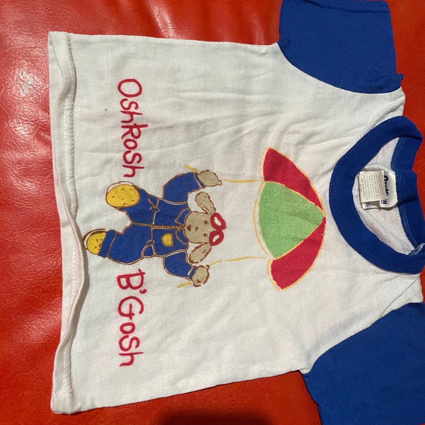 vtg 90s OSHKOSH B'GOSH PUPPY Parachute Shirt // vintage size 3T logo cute teddy bear cartoon two tone ringer baby graphic tee retro pajamas