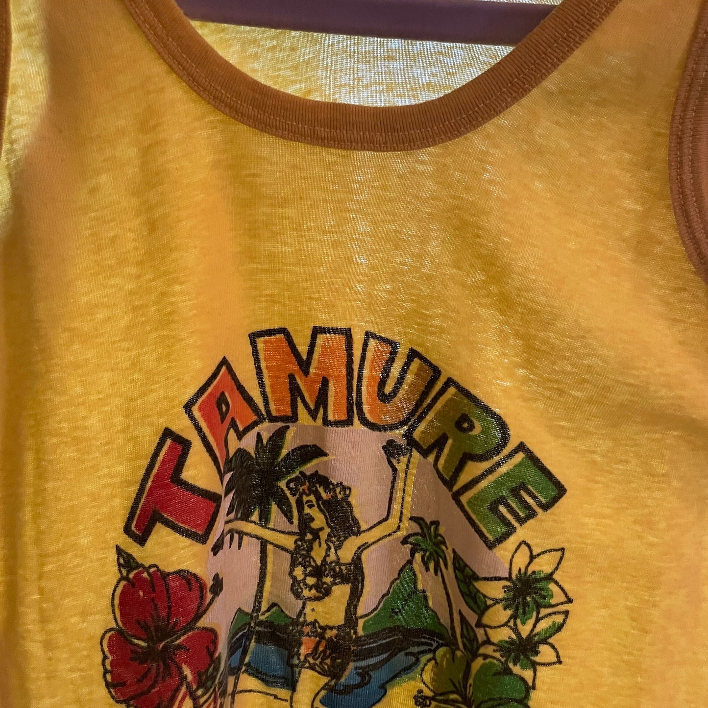 vtg 70s TAHITI TAMURE TANK Top // vintage hula dancer hawaii graphic tee floral yellow hippie retro crop top baby tee rainbow island