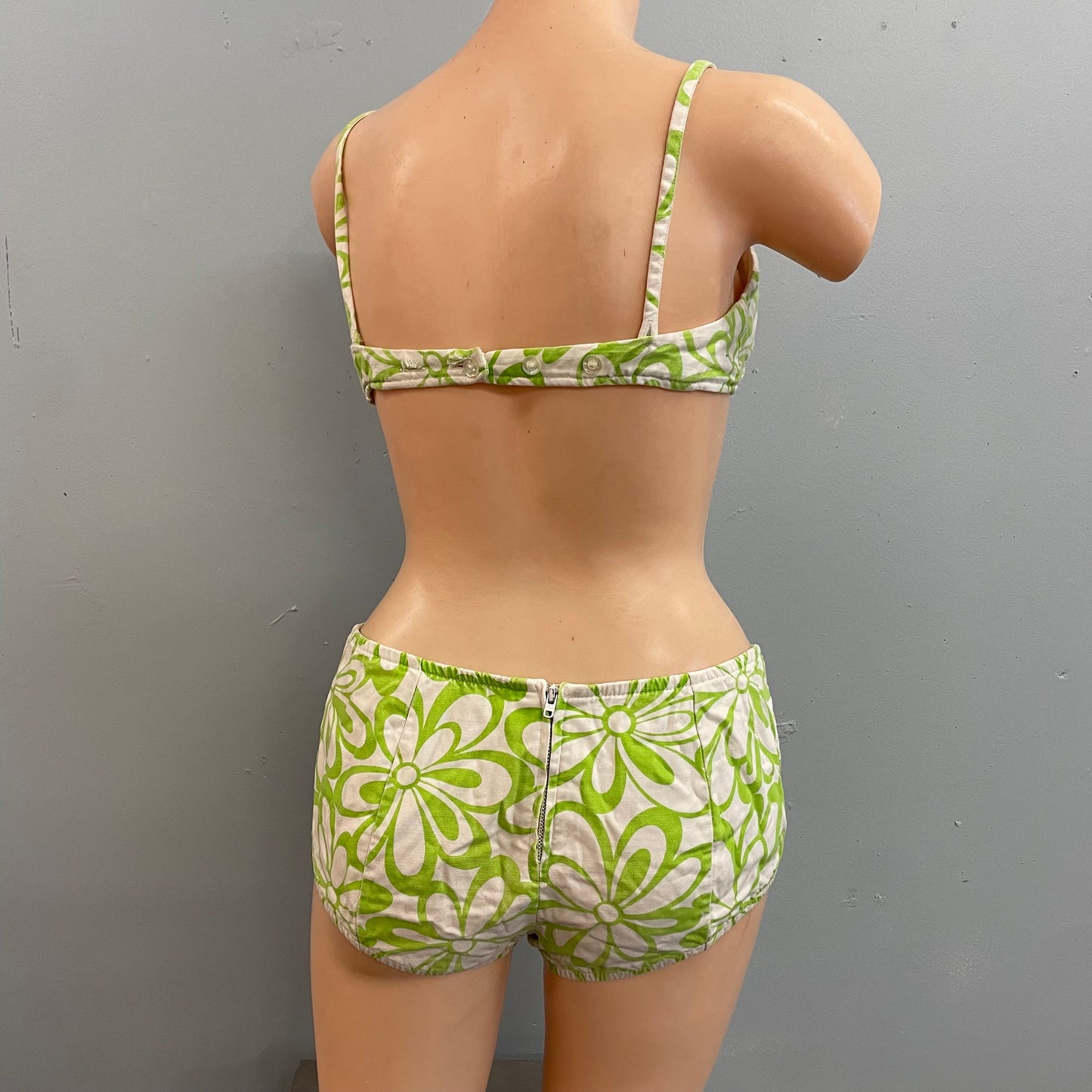 vtg 1960s neon green flower power green psychedelic bikini retro mcm 60s mod hip hugger swimsuit petite small low rise bullet bra beach wear