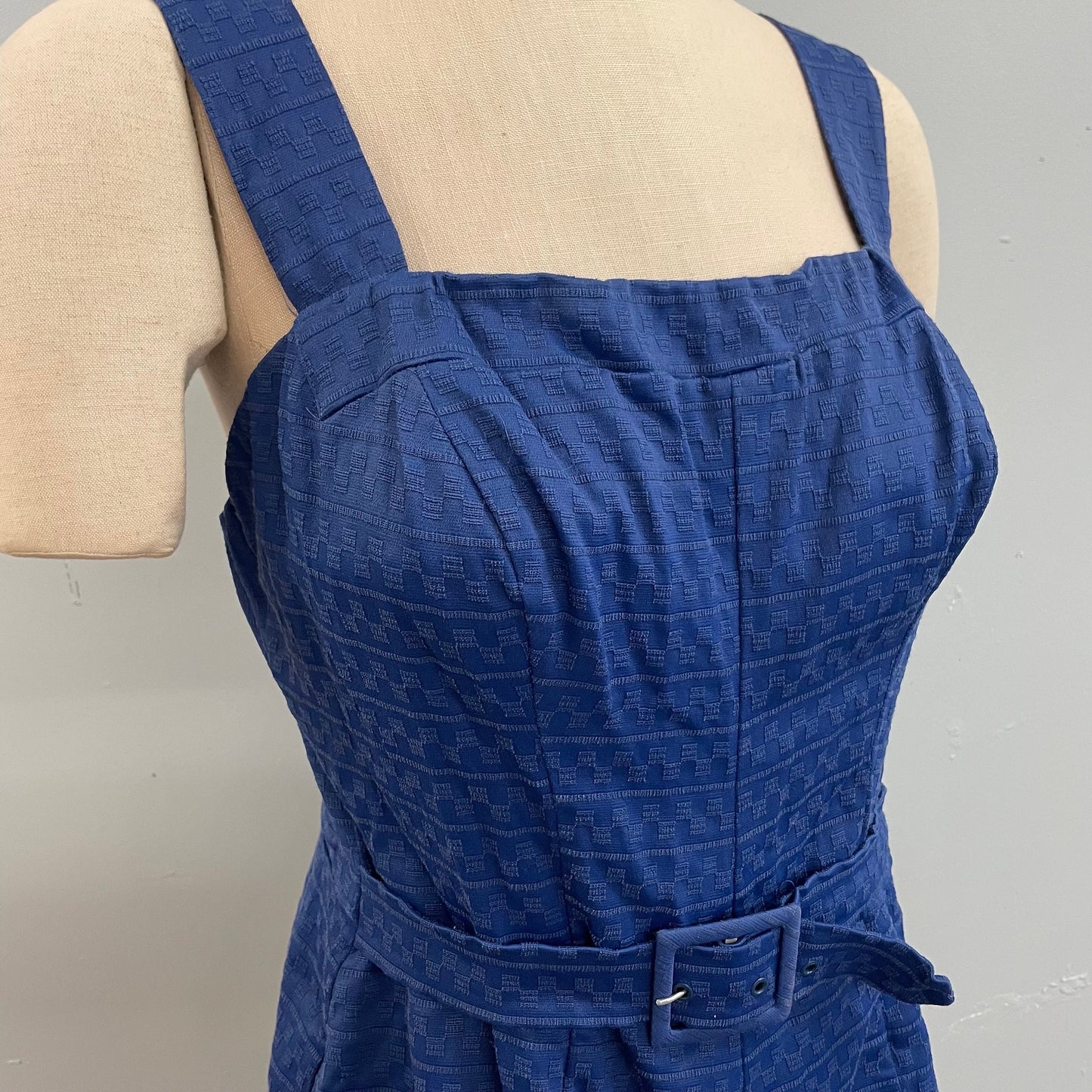 vtg 40s Rose Marie Reid swimsuit navy blue belted rayon playsuit textured geometric printed swimsuit rockabilly pin up beach wear tank dress