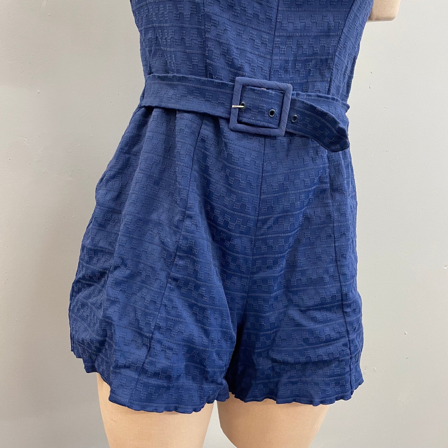 vtg 40s Rose Marie Reid swimsuit navy blue belted rayon playsuit textured geometric printed swimsuit rockabilly pin up beach wear tank dress