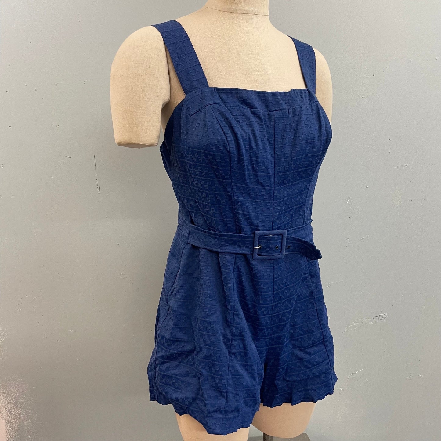 vtg 40s Rose Marie Reid swimsuit navy blue belted rayon playsuit textured geometric printed swimsuit rockabilly pin up beach wear tank dress