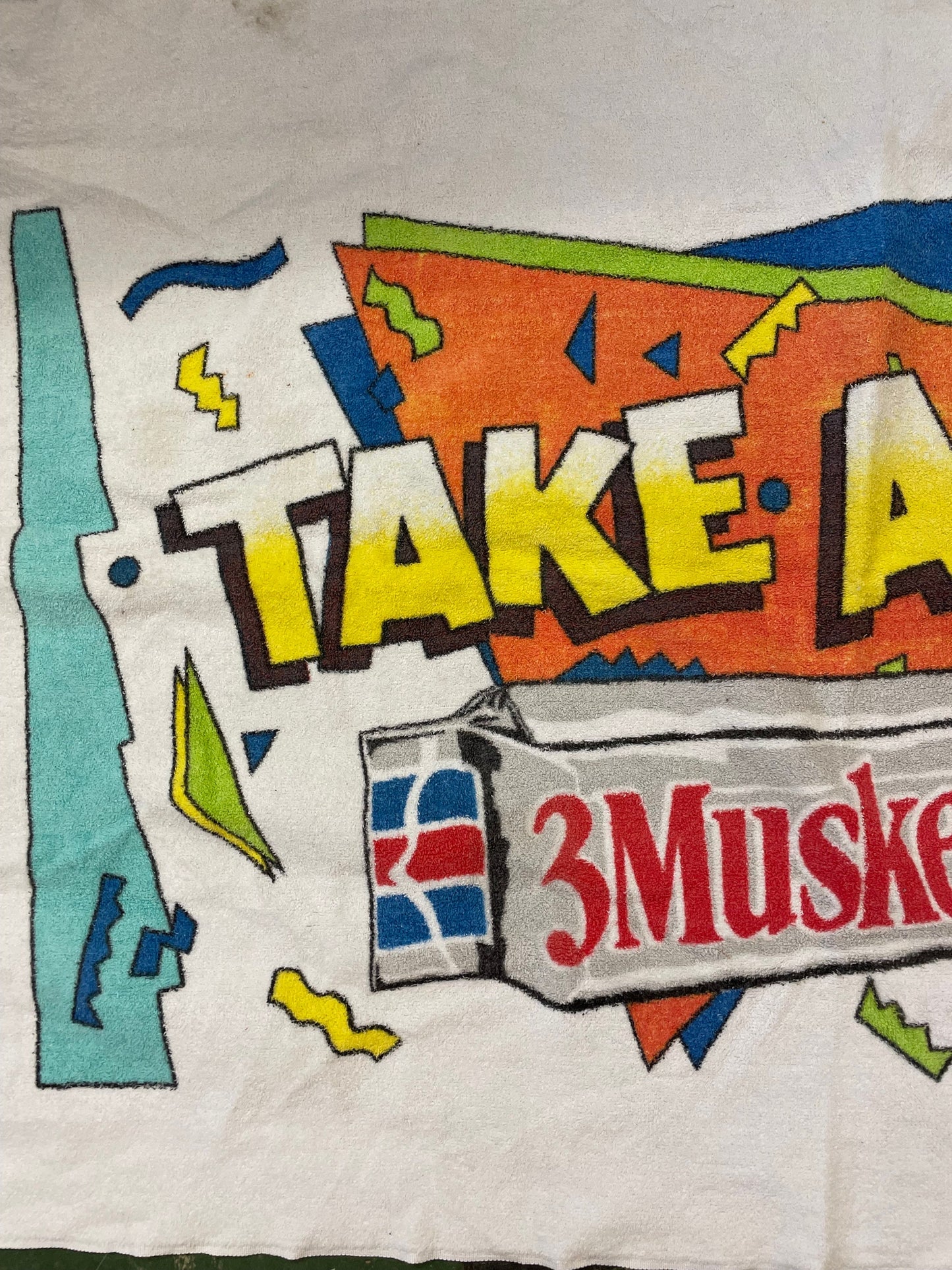 vtg 90s THREE MUSKETEERS Towel // vinntage pop art wild retro beach towel unique snack tee promo candy lips mouth print chocolate wall art