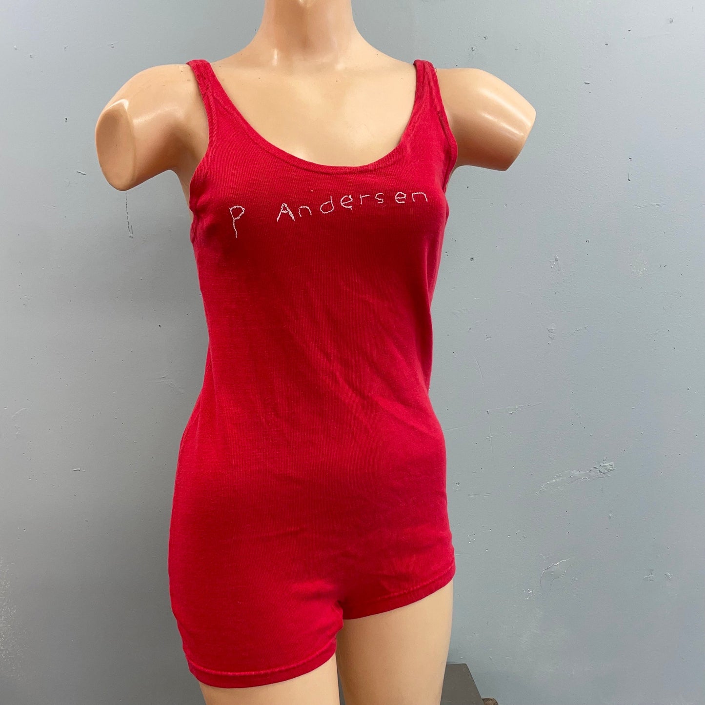 vtg 1930s Ocean red cotton bathing suit chain stitch embroidered one piece swimsuit rockabilly pin up tankini baywatch pamela anderson