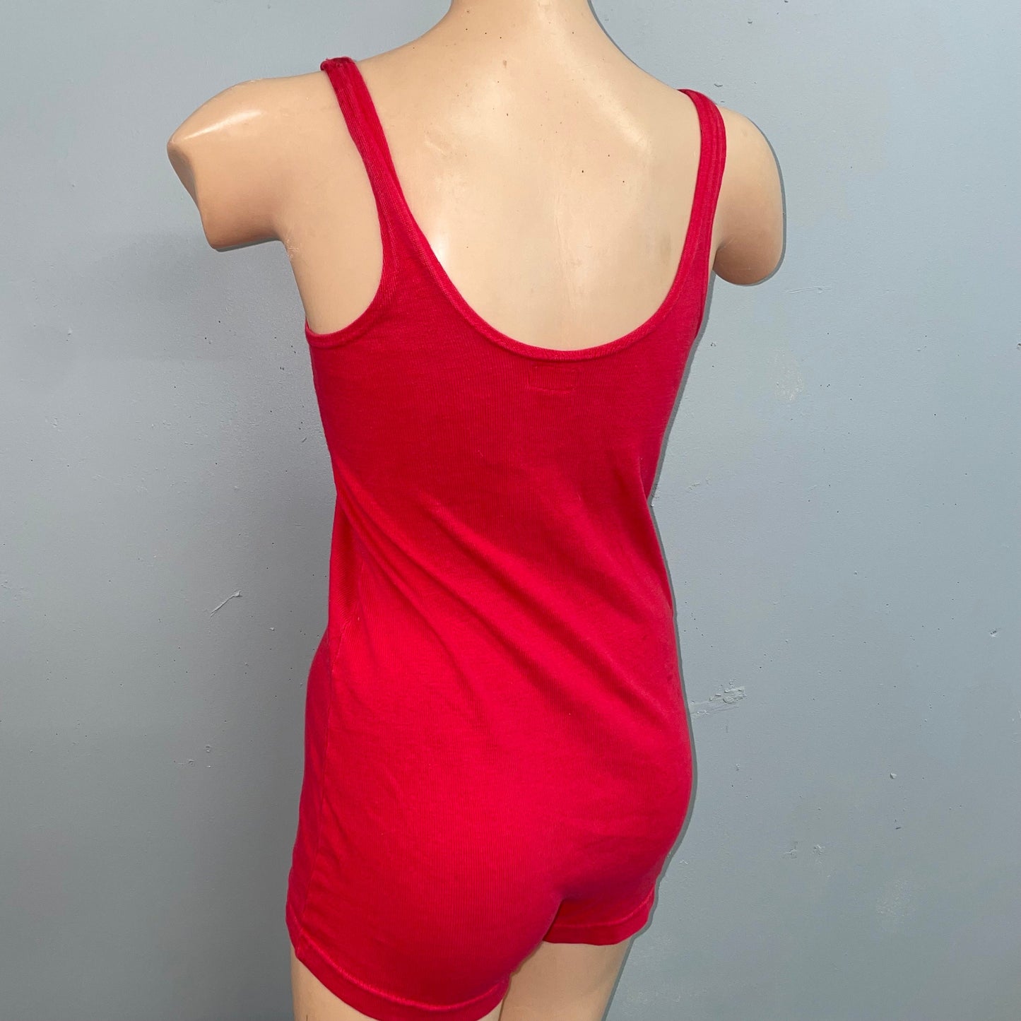 vtg 1930s Ocean red cotton bathing suit chain stitch embroidered one piece swimsuit rockabilly pin up tankini baywatch pamela anderson