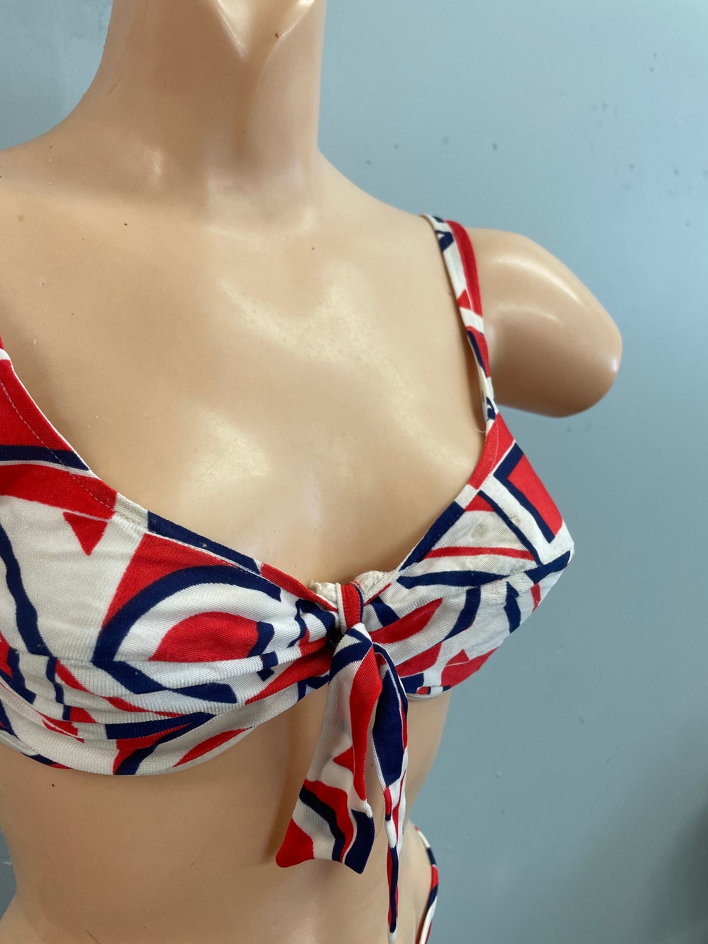 vtg 1960s abstract pop art bikini red white & blue nautical swimsuit hip hugger retro push up mod british classic cut bathing suit skimpy