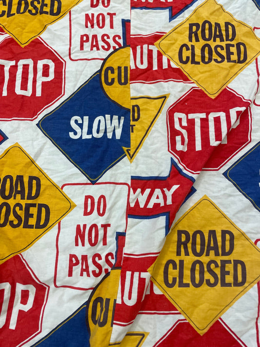 vtg 70s POP ART FABRIC // vintage stop yield sign traffic retro mcm decor curtain fabric arrows caution tape all over print cotton sheets