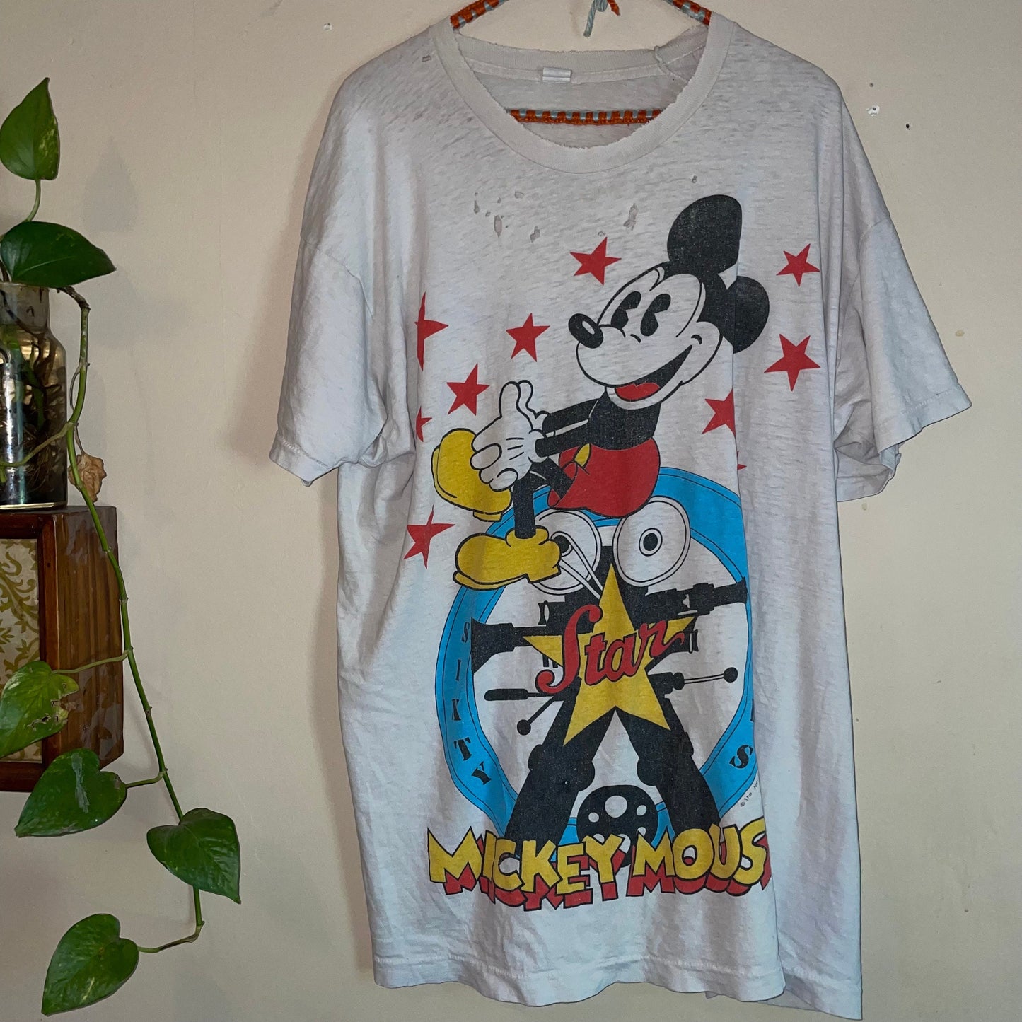 vtg 90s Mickey Mouse distressed sleeper baggy t shirt dress holes soft worn ragged thrashed long shirt pop art disney cartoon oversized tee