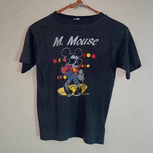 vtg 1980s PAPER THIN MICKEY Mouse // vintage soft faded black crop top youth large michael jackson disney shirt femme rare black baby tee