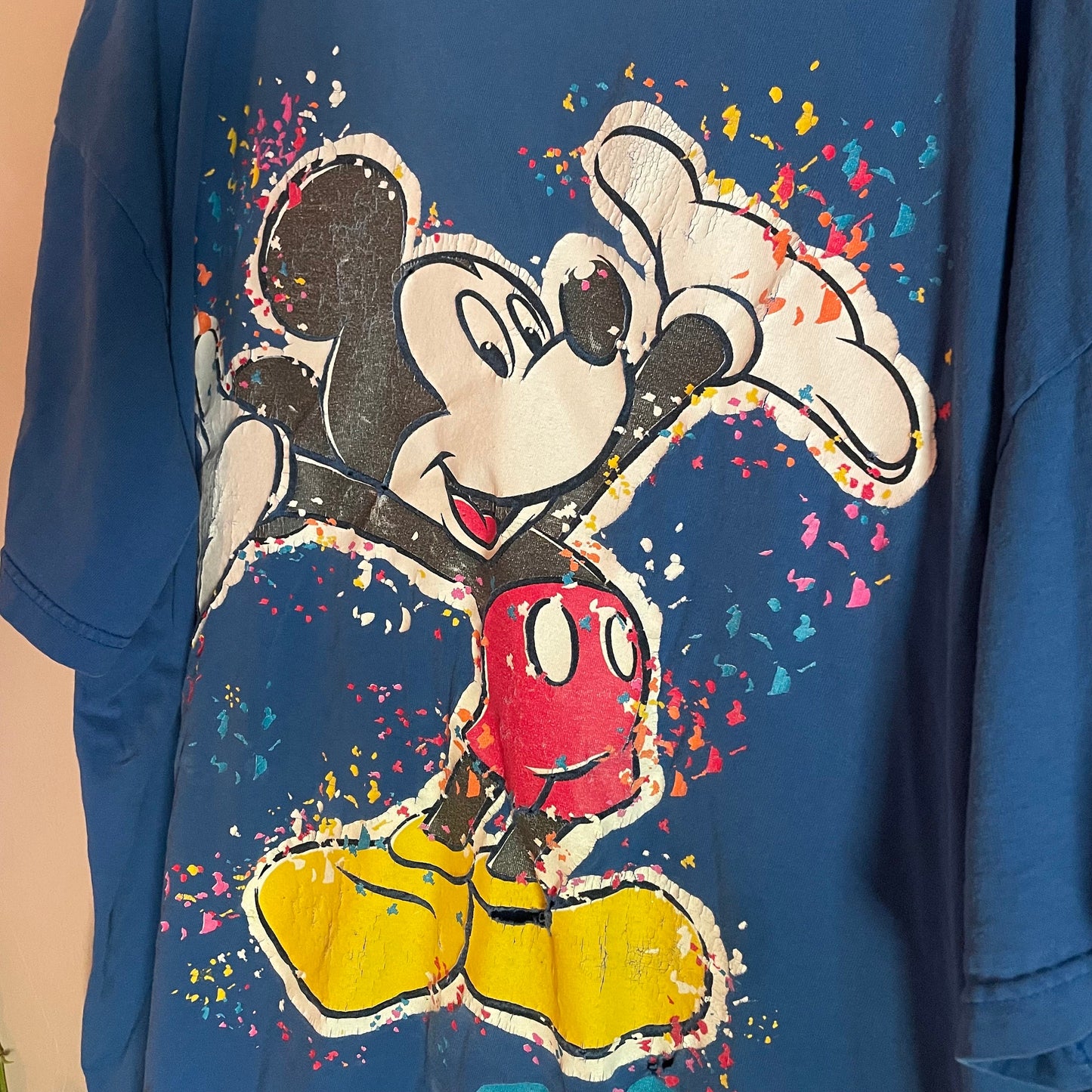 vtg MICKEY MOUSE Y2K 2000's Celebration Shirt // vintage confetti XL distressed baggy paper thin t shirt cartoon pop culture 90s grunge pjs