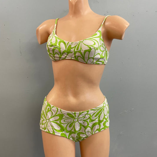 vtg 1960s neon green flower power green psychedelic bikini retro mcm 60s mod hip hugger swimsuit petite small low rise bullet bra beach wear