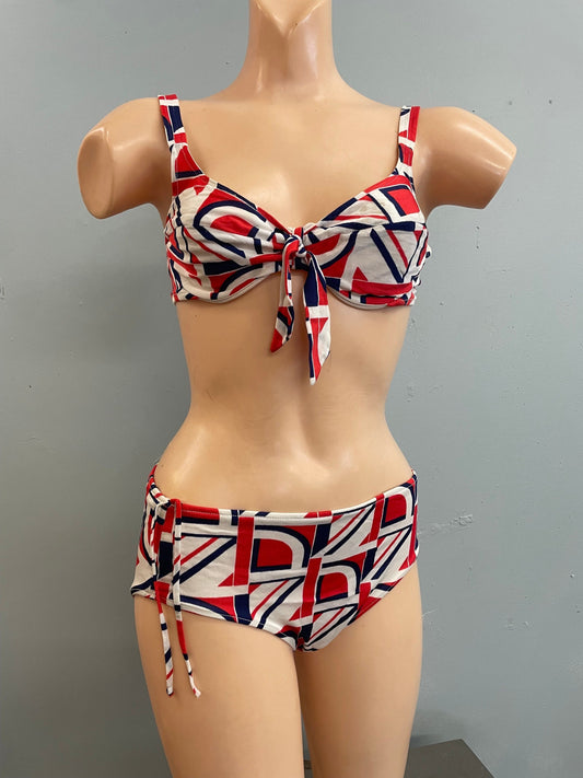vtg 1960s abstract pop art bikini red white & blue nautical swimsuit hip hugger retro push up mod british classic cut bathing suit skimpy