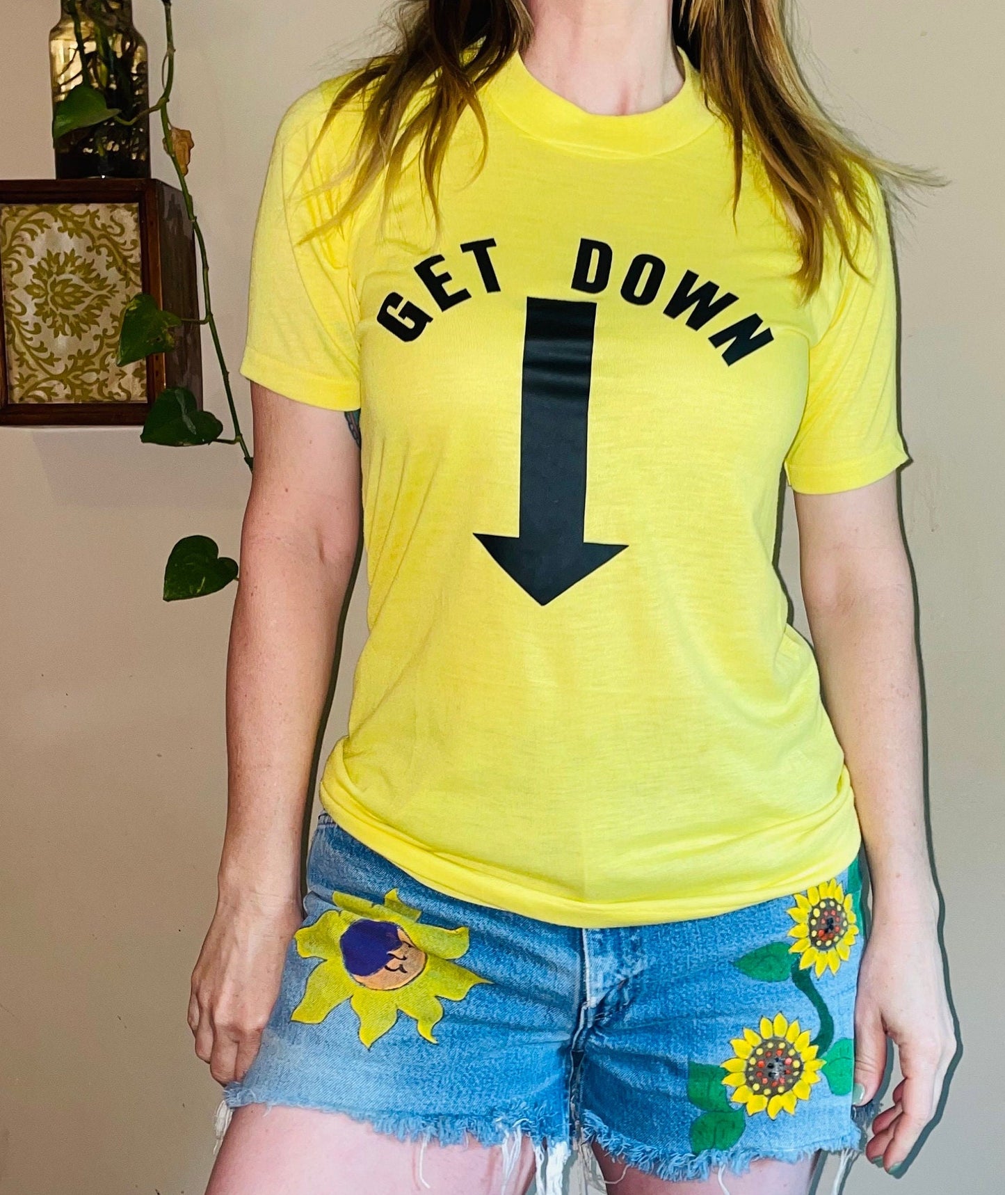vtg 70s mayo spruce GET DOWN suggestive arrow funny graphic tee James Brown paper thin pale yellow t shirt humorous iron on kickball team